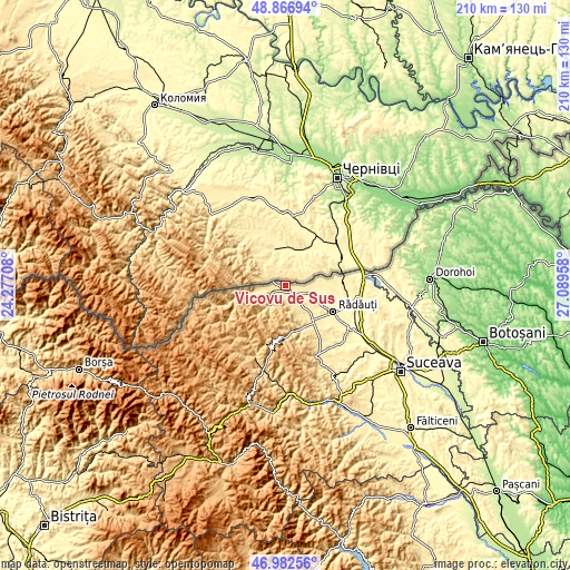 Topographic map of Vicovu de Sus
