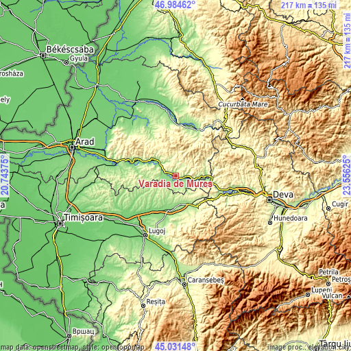 Topographic map of Vărădia de Mureş