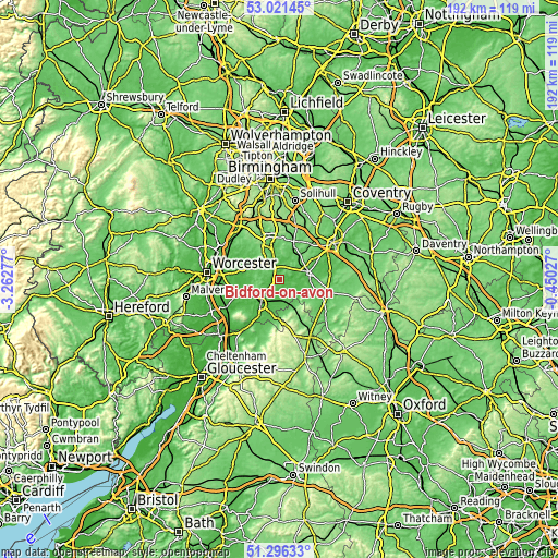Topographic map of Bidford-on-avon