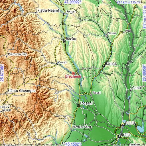 Topographic map of Urecheşti
