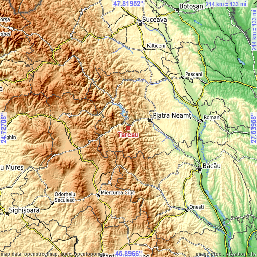 Topographic map of Tarcău