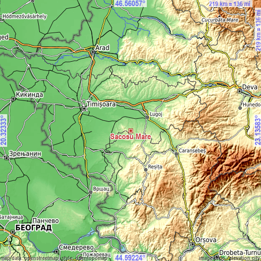 Topographic map of Sacoșu Mare