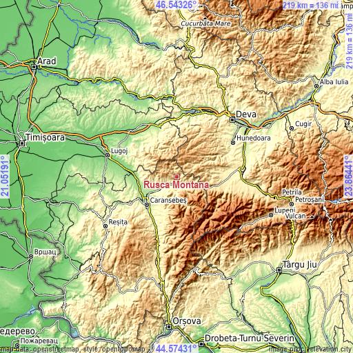 Topographic map of Rusca Montană