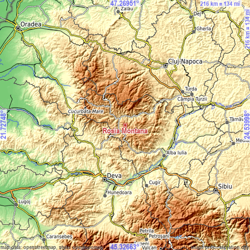 Topographic map of Roșia Montană