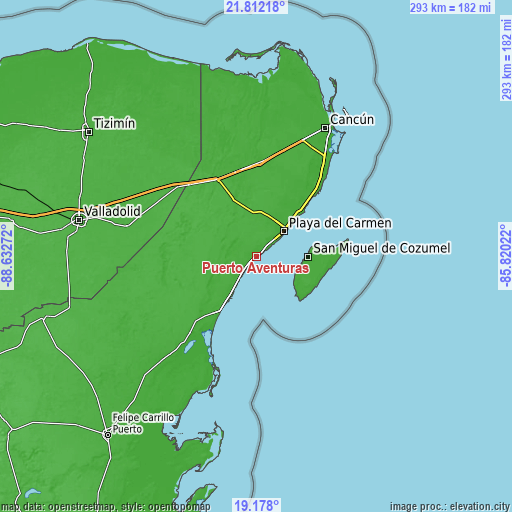 Topographic map of Puerto Aventuras
