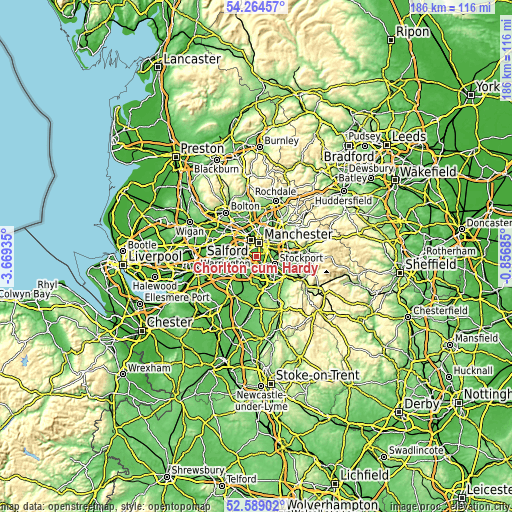 Topographic map of Chorlton cum Hardy