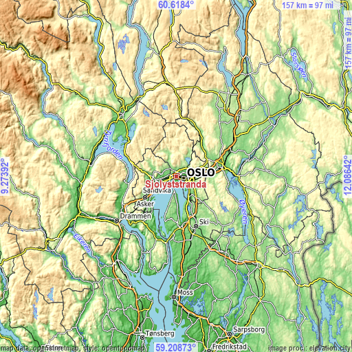 Topographic map of Sjølyststranda