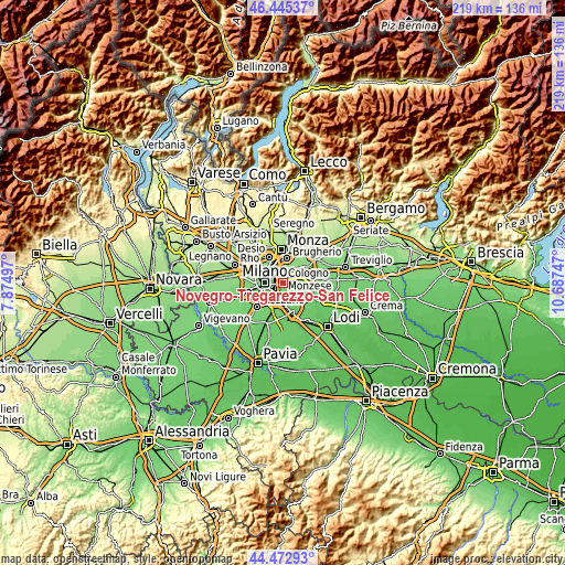 Topographic map of Novegro-Tregarezzo-San Felice