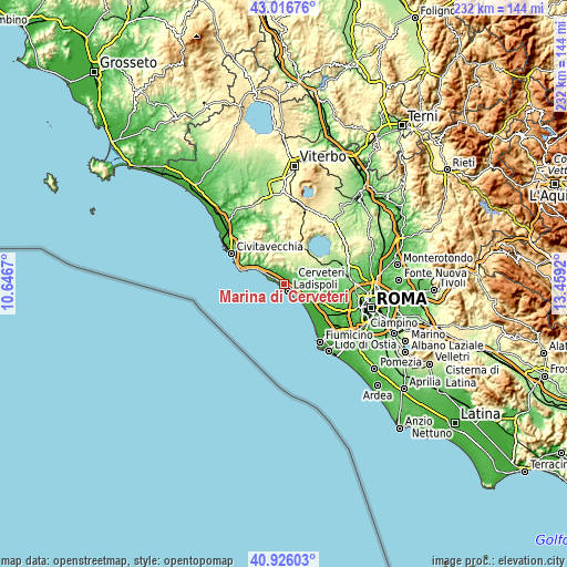 Topographic map of Marina di Cerveteri