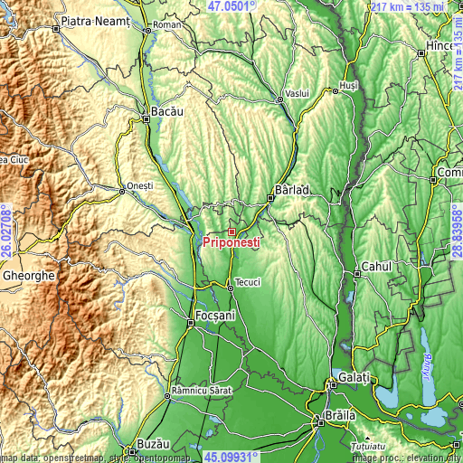 Topographic map of Priponeşti