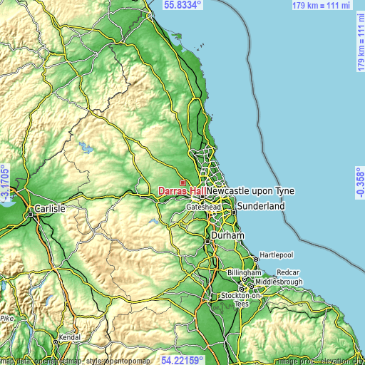 Topographic map of Darras Hall