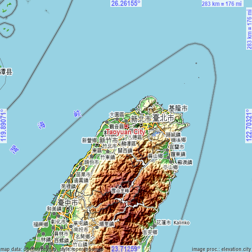 Topographic map of Taoyuan City