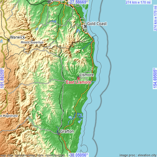 Topographic map of East Lismore