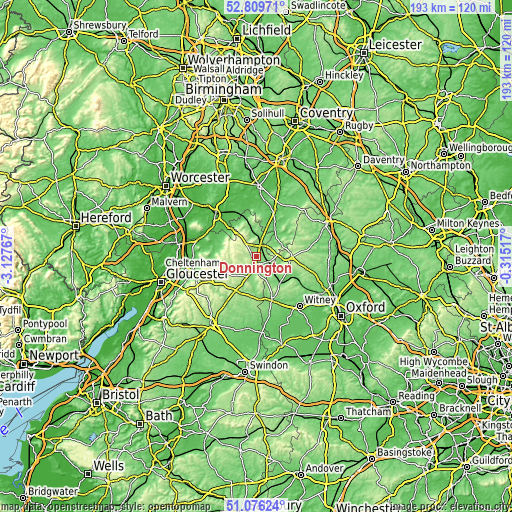 Topographic map of Donnington