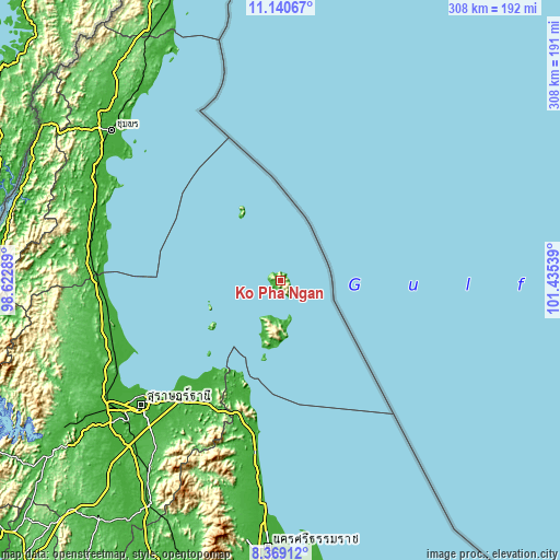 Topographic map of Ko Pha Ngan