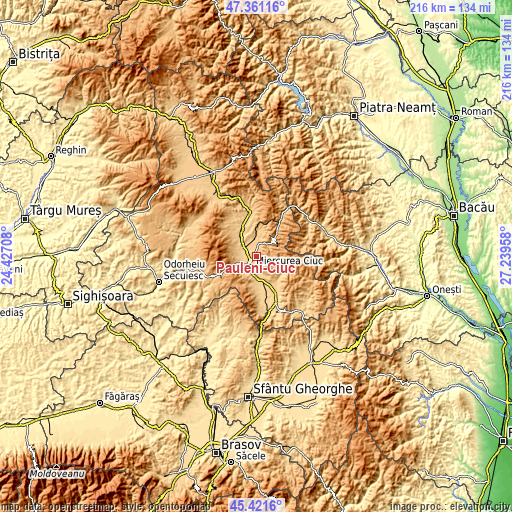 Topographic map of Păuleni-Ciuc