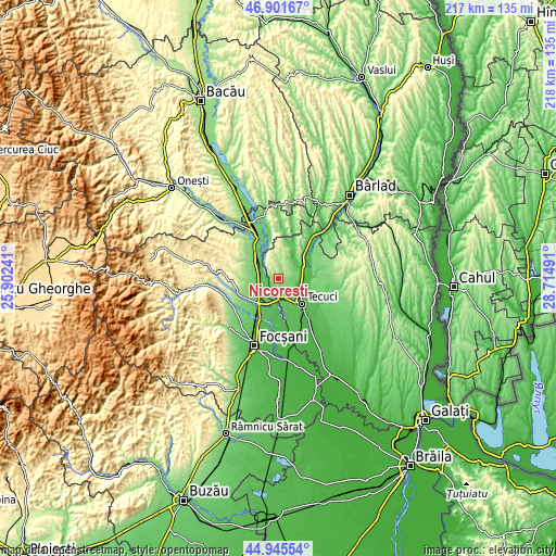 Topographic map of Nicoreşti