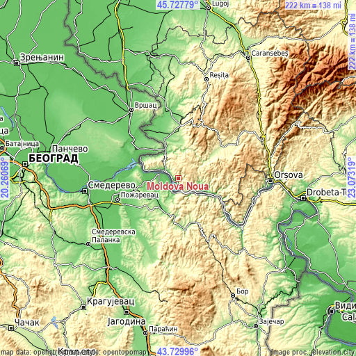 Topographic map of Moldova Nouă