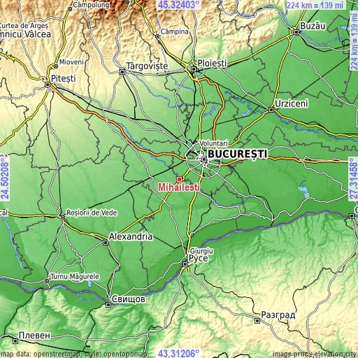 Topographic map of Mihăileşti