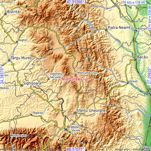 Topographic map of Miercurea-Ciuc