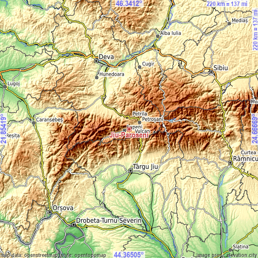 Topographic map of Jiu-Paroșeni