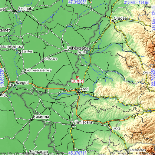 Topographic map of Curtici