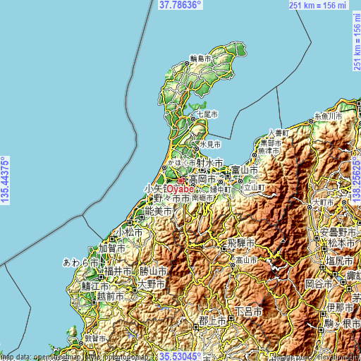 Topographic map of Oyabe