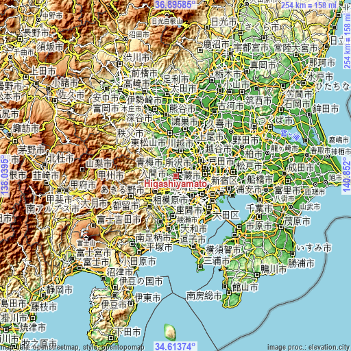 Topographic map of Higashiyamato