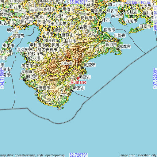 Topographic map of Kumano