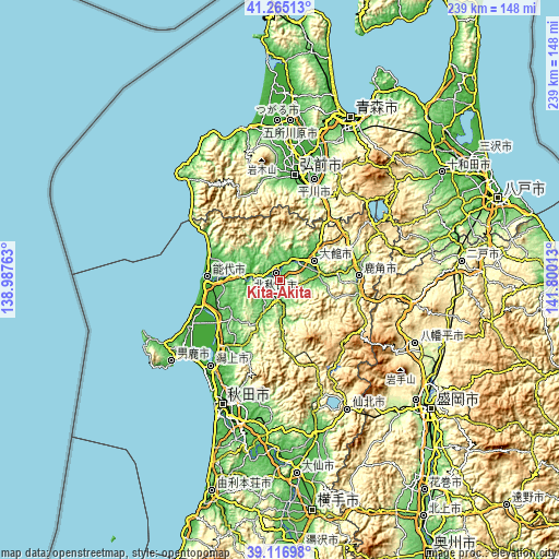 Topographic map of Kita-Akita