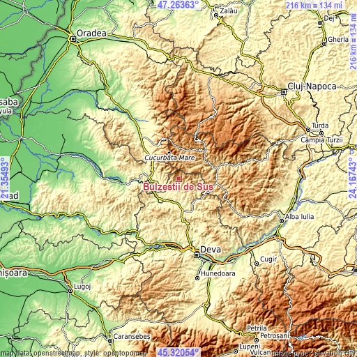 Topographic map of Bulzeștii de Sus