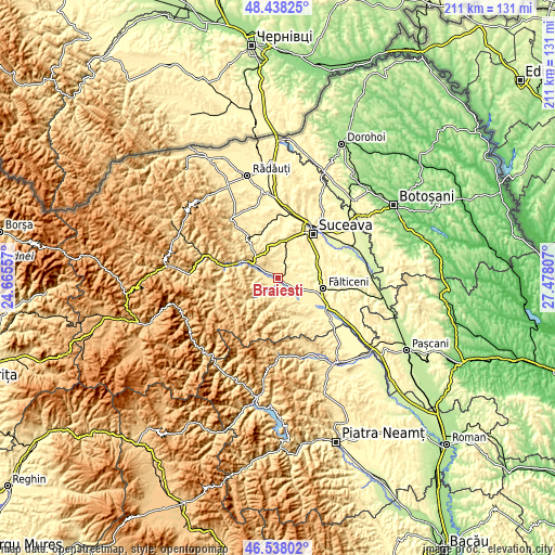 Topographic map of Brăiești