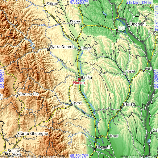 Topographic map of Bacău