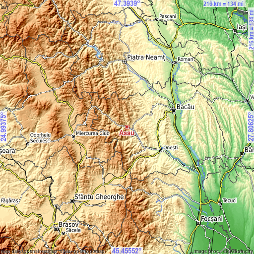 Topographic map of Asău