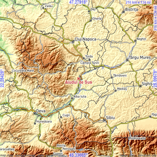 Topographic map of Aiudul de Sus