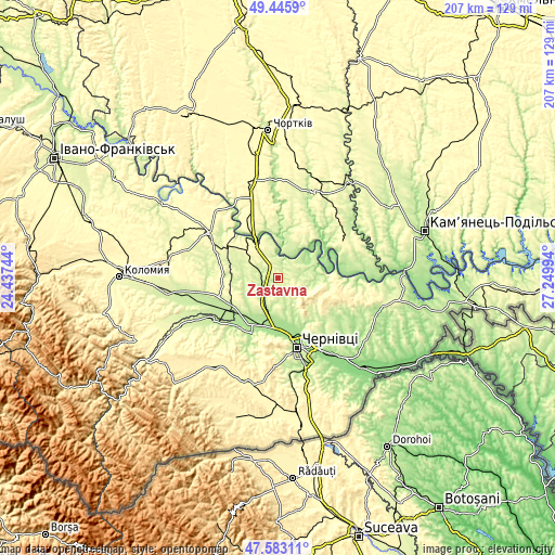 Topographic map of Zastavna