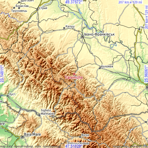 Topographic map of Yaremche