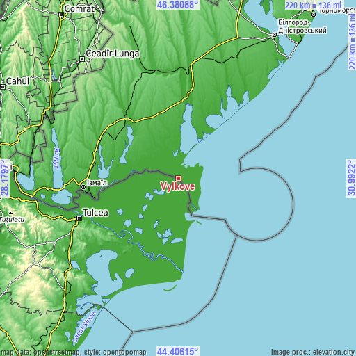 Topographic map of Vylkove