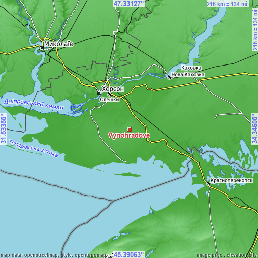 Topographic map of Vynohradove