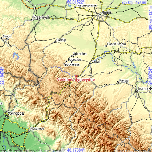 Topographic map of Verkhnie Synevydne