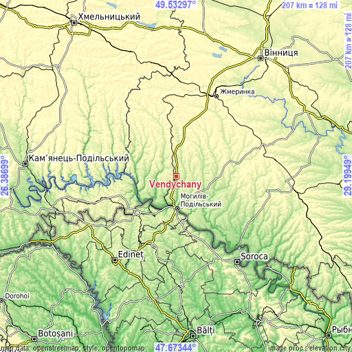 Topographic map of Vendychany