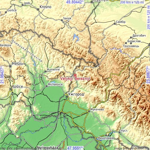 Topographic map of Velykyi Bereznyi