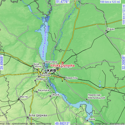 Topographic map of Velyka Dymerka