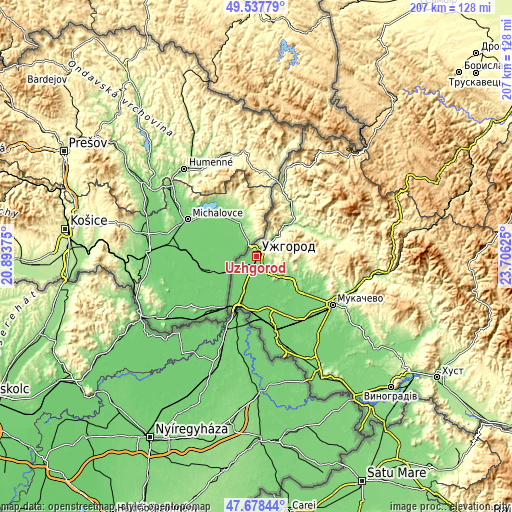 Topographic map of Uzhgorod