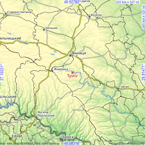 Topographic map of Tyvriv