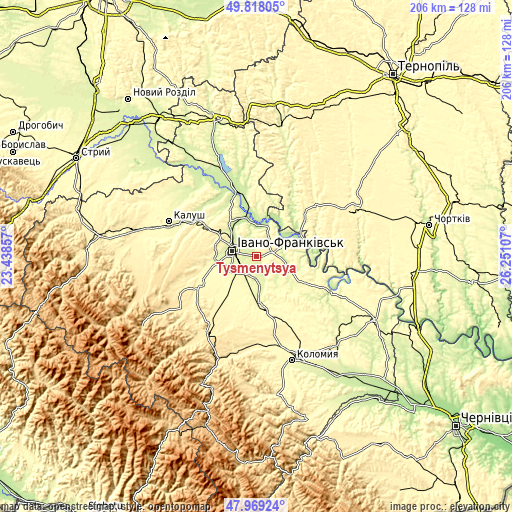 Topographic map of Tysmenytsya