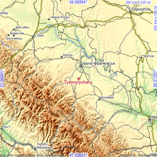 Topographic map of Tysmenychany