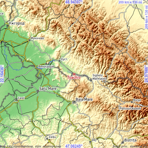 Topographic map of Tyachiv