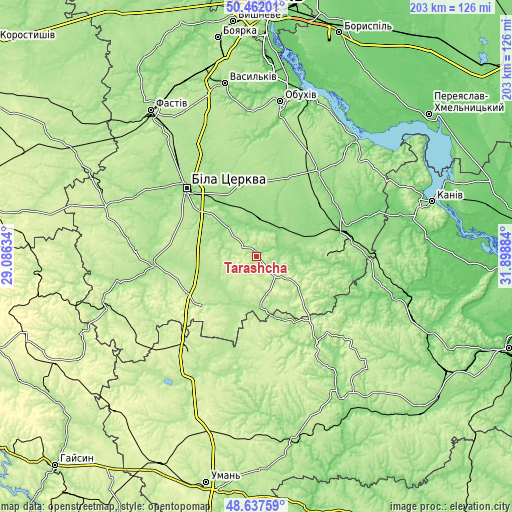 Topographic map of Tarashcha