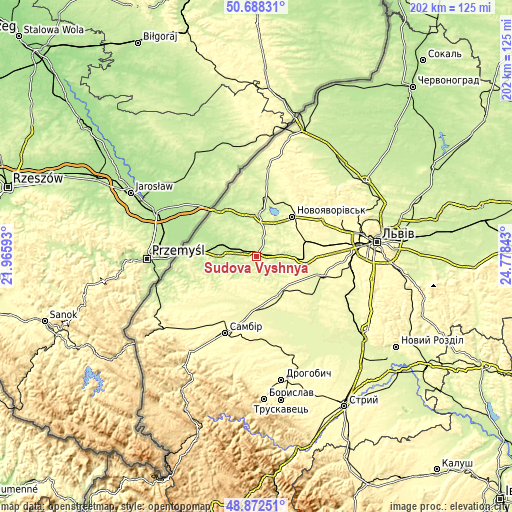 Topographic map of Sudova Vyshnya